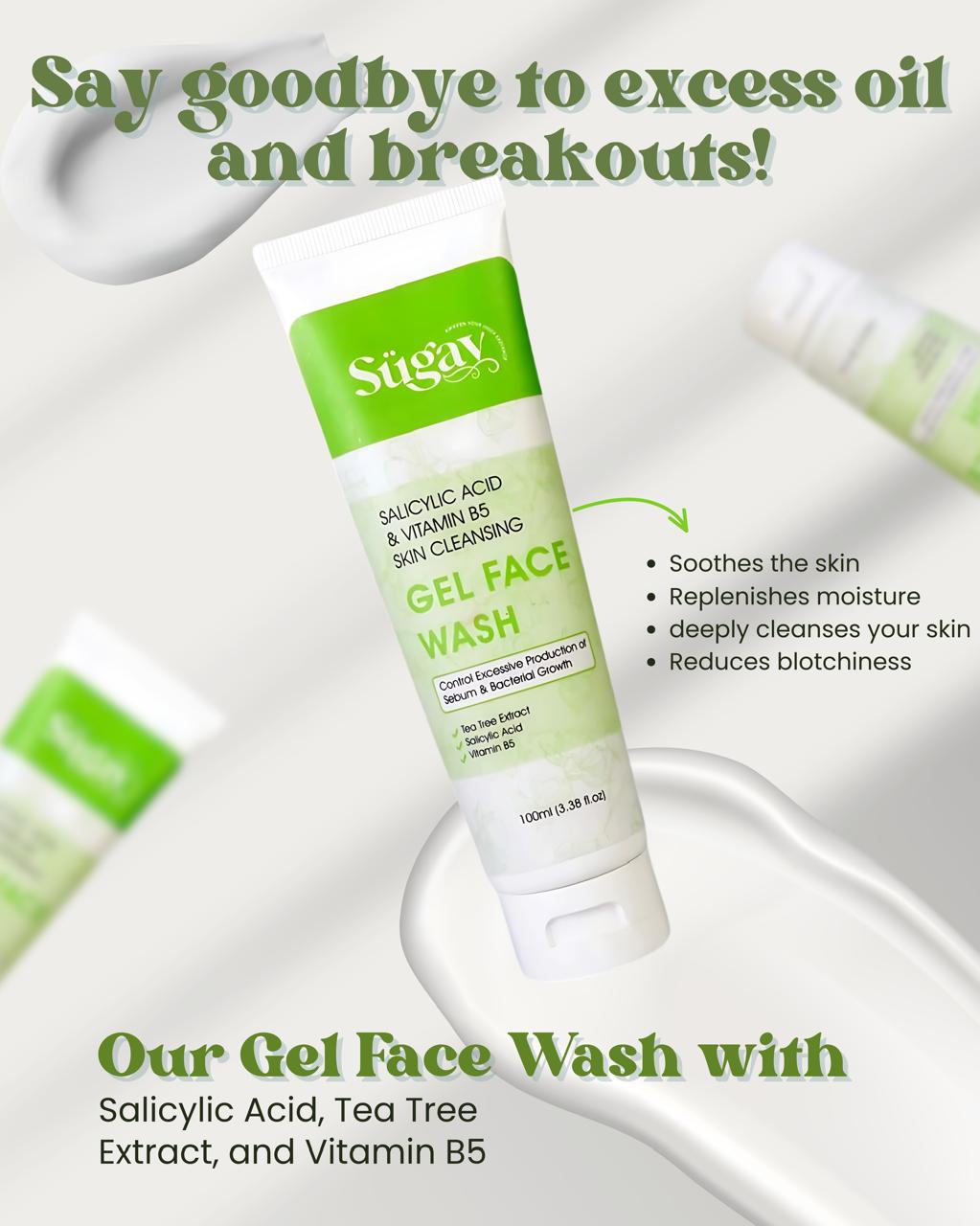 say goodbye to excess oil and breakouts, SUGAV Salicylic Acid Gel Face Wash with Vitamin b5 and tea tree extract is here